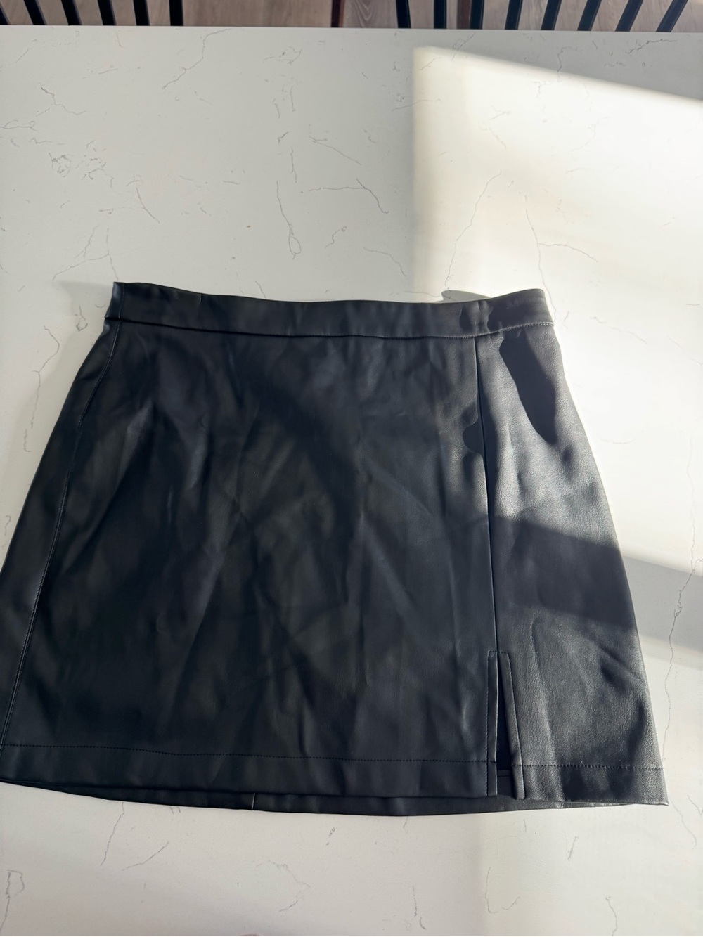 Shinestar Black Faux Leather Mini Skirt with Front Slit